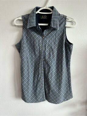 Vintage American Outpost Sleeveless Plaid Button Front Shirt - Blue Green